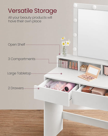 Vanity Desk with Lighted Mirror, 9 Dimmable LED Bulbs, 2 Drawers, 3 Storage Compartments and Makeup Table White RDT184T14 - with | Sold by Uncle Wiener's Wholesale
