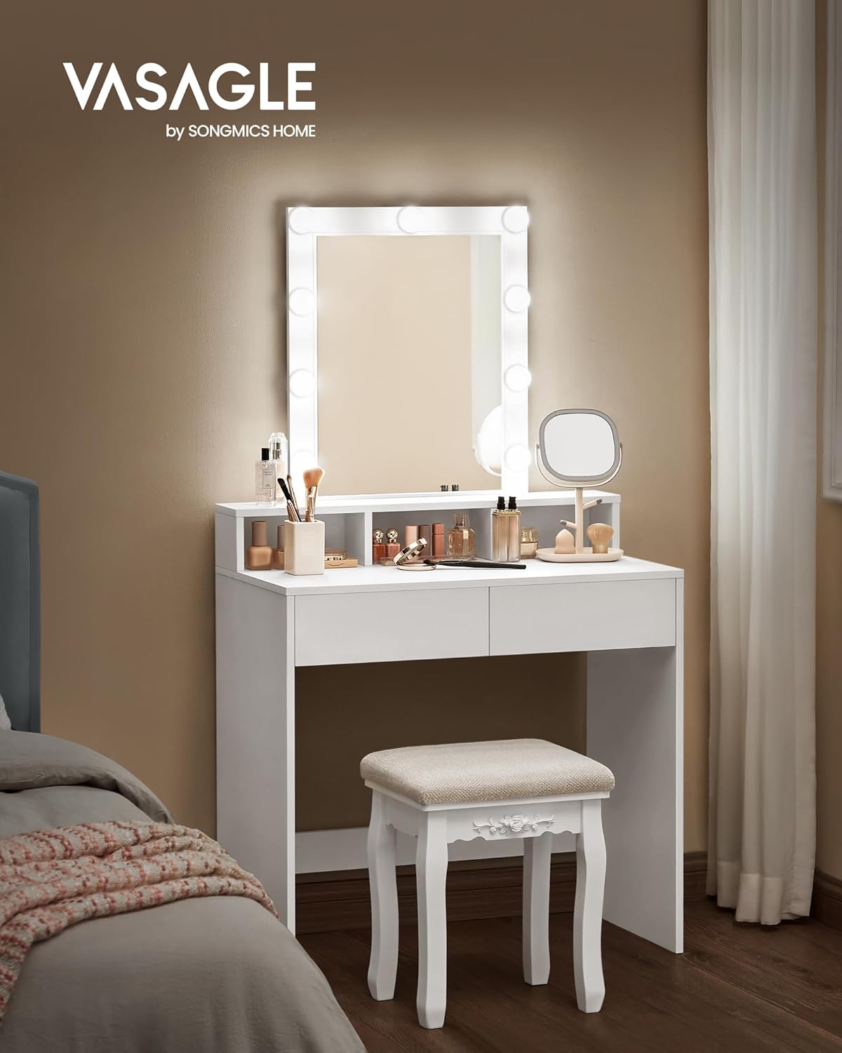 Vanity Desk with Lighted Mirror, 9 Dimmable LED Bulbs, 2 Drawers, 3 Storage Compartments and Makeup Table White RDT184T14 - with | Sold by Uncle Wiener's Wholesale