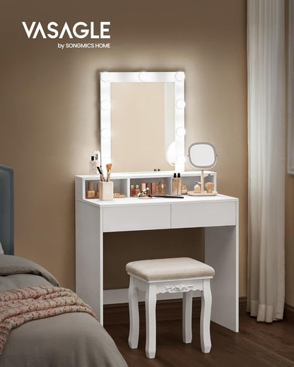Vanity Desk with Lighted Mirror, 9 Dimmable LED Bulbs, 2 Drawers, 3 Storage Compartments and Makeup Table White RDT184T14 - with | Sold by Uncle Wiener's Wholesale