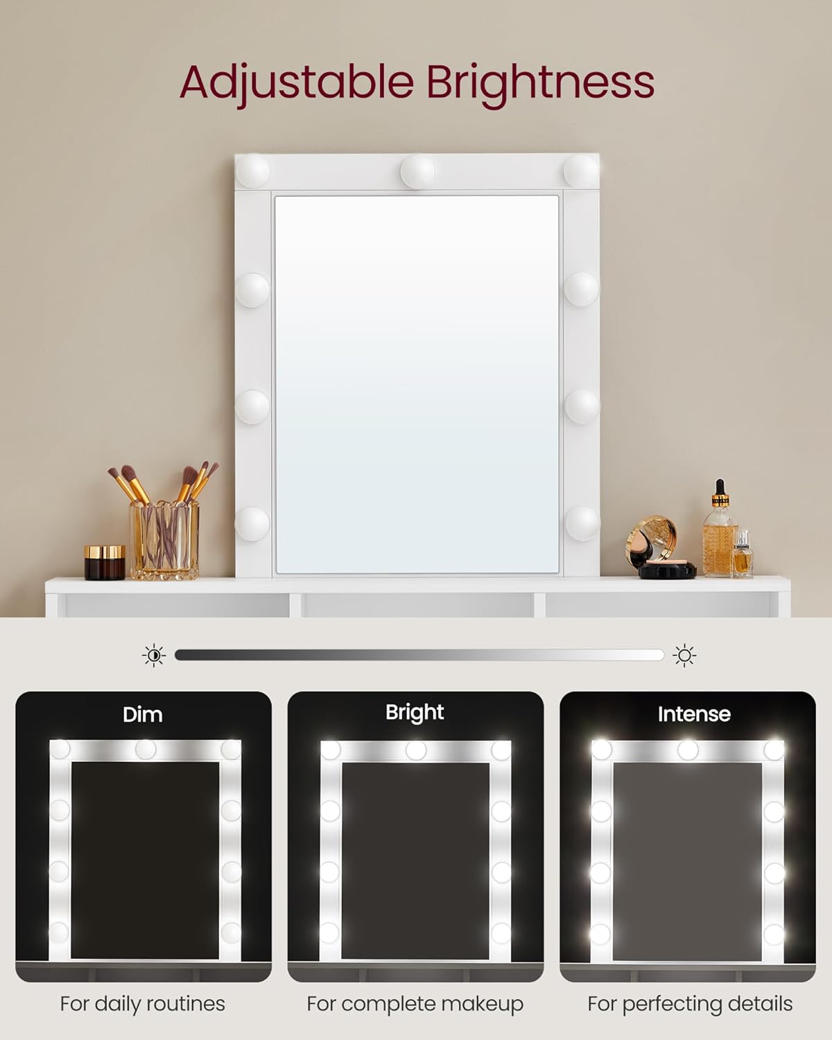 Vanity Desk with Lighted Mirror, 9 Dimmable LED Bulbs, 2 Drawers, 3 Storage Compartments and Makeup Table White RDT184T14 - with | Sold by Uncle Wiener's Wholesale