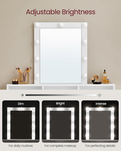 Vanity Desk with Lighted Mirror, 9 Dimmable LED Bulbs, 2 Drawers, 3 Storage Compartments and Makeup Table White RDT184T14 - with | Sold by Uncle Wiener's Wholesale