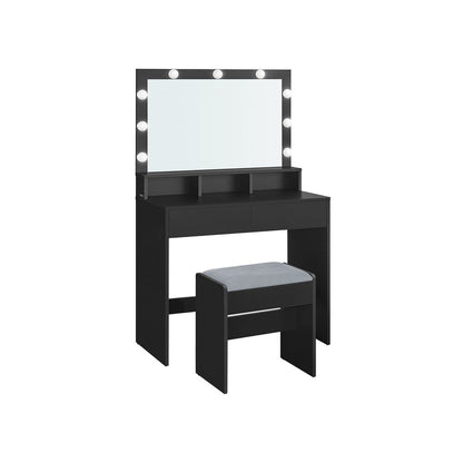 Vanity Desk with Lighted Mirror, 9 Dimmable LED Bulbs, Power Outlets, Storage Drawers and Upholstered Vanity Stool RDT029 Series - with Ink Black | Sold by Uncle Wiener's Wholesale