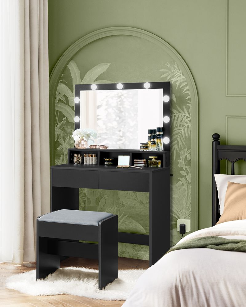 Vanity Desk with Lighted Mirror, 9 Dimmable LED Bulbs, Power Outlets, Storage Drawers and Upholstered Vanity Stool RDT029 Series - with Ink Black | Sold by Uncle Wiener's Wholesale