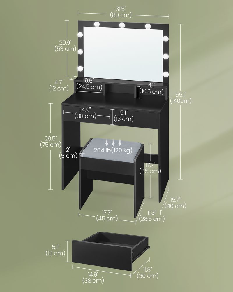 Vanity Desk with Lighted Mirror, 9 Dimmable LED Bulbs, Power Outlets, Storage Drawers and Upholstered Vanity Stool RDT029 Series - with Ink Black | Sold by Uncle Wiener's Wholesale