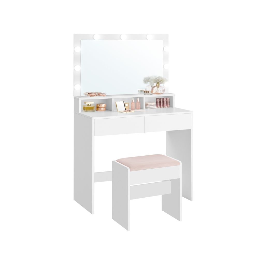 Vanity Desk with Lighted Mirror, 9 Dimmable LED Bulbs, Power Outlets, Storage Drawers and Upholstered Vanity Stool RDT029 Series - with Cloud White | Sold by Uncle Wiener's Wholesale