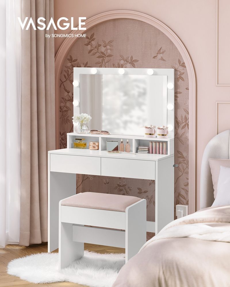 Vanity Desk with Lighted Mirror, 9 Dimmable LED Bulbs, Power Outlets, Storage Drawers and Upholstered Vanity Stool RDT029 Series - with Cloud White | Sold by Uncle Wiener's Wholesale