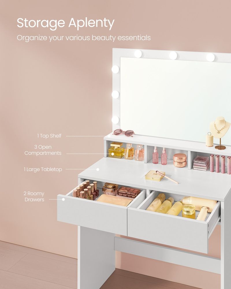 Vanity Desk with Lighted Mirror, 9 Dimmable LED Bulbs, Power Outlets, Storage Drawers and Upholstered Vanity Stool RDT029 Series - with Cloud White | Sold by Uncle Wiener's Wholesale