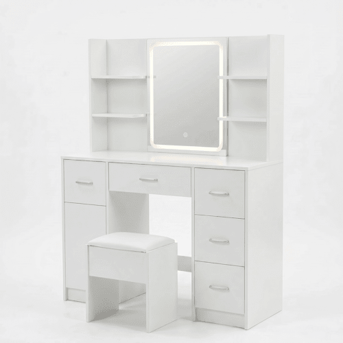 Vanity Desk with Lighted Mirror Stool & Storage Drawers White 42.5" VAN140 - with | Sold by Uncle Wiener's Wholesale