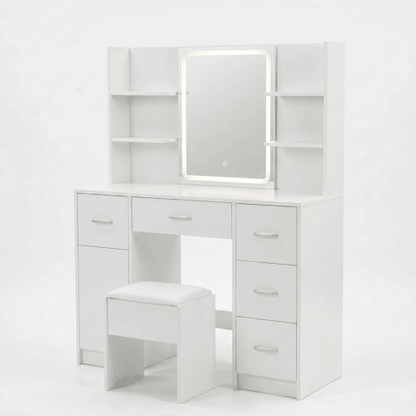 Vanity Desk with Lighted Mirror Stool & Storage Drawers White 42.5" VAN140 - with | Sold by Uncle Wiener's Wholesale