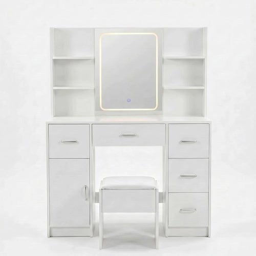 Vanity Desk with Lighted Mirror Stool & Storage Drawers White 42.5" VAN140 - with | Sold by Uncle Wiener's Wholesale