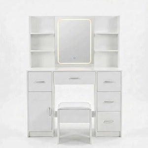 Vanity Desk with Lighted Mirror Stool & Storage Drawers White 42.5" VAN140