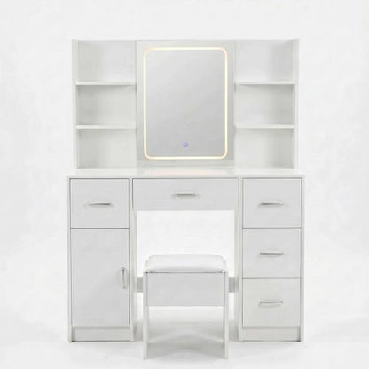 Vanity Desk with Lighted Mirror Stool & Storage Drawers White 42.5" VAN140 - with | Sold by Uncle Wiener's Wholesale