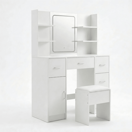 Vanity Desk with Lighted Mirror Stool & Storage Drawers White 42.5" VAN140 - with | Sold by Uncle Wiener's Wholesale