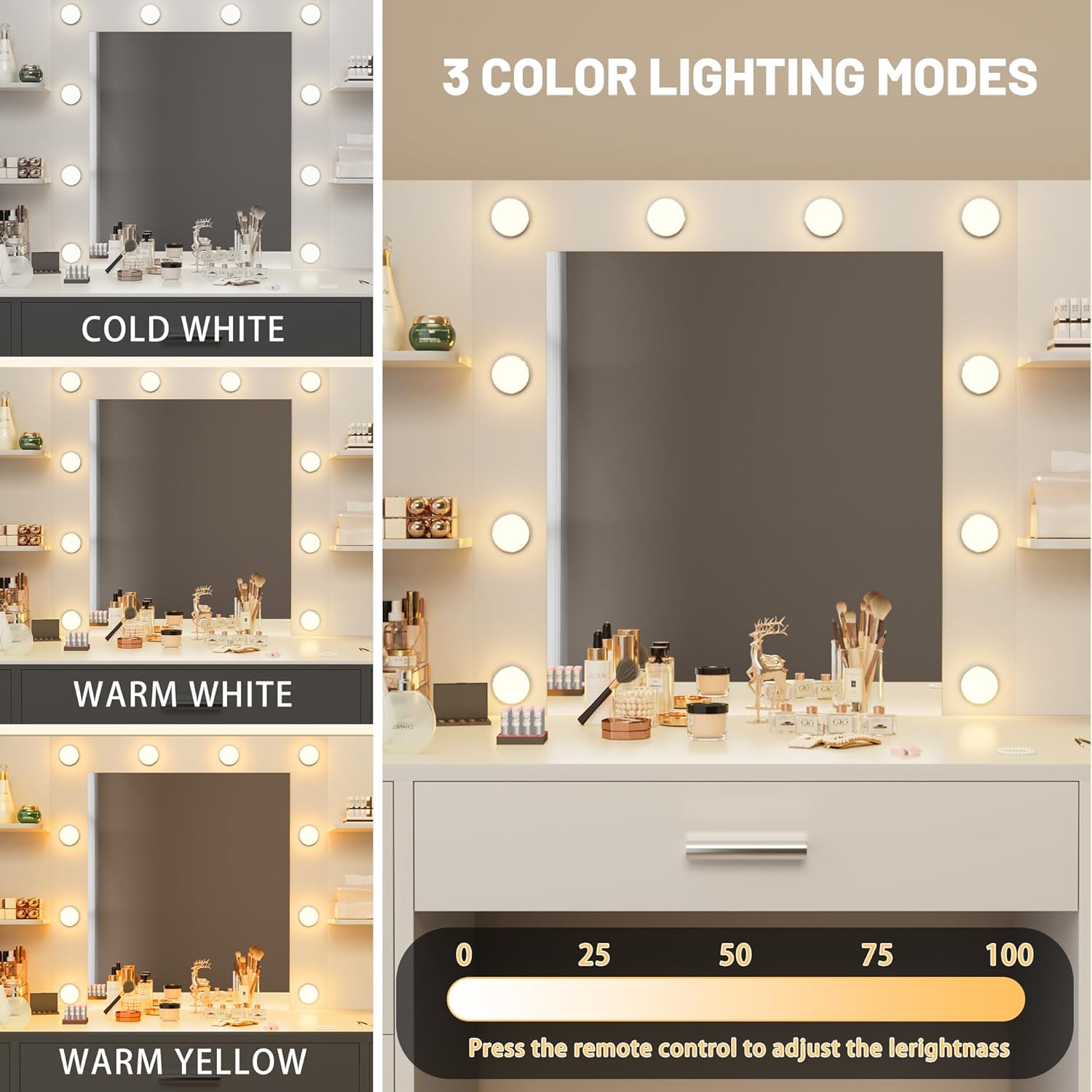 Vanity Desk with Mirror, LED Lights, Power Outlet – 7 Drawers, 6 Shelves Makeup Vanity Table for Bedroom – MH24598 - with | Sold by Uncle Wiener's Wholesale