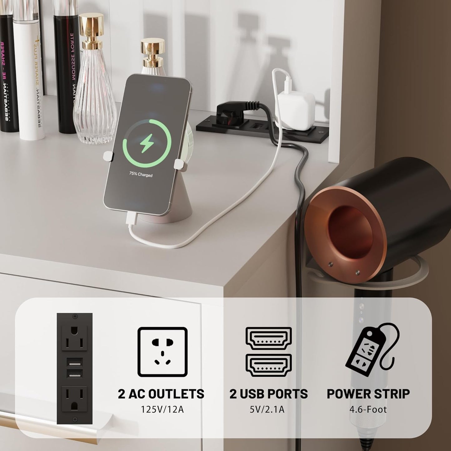 Vanity Desk with Mirror, LED Lights, Power Outlet – 7 Drawers, 6 Shelves Makeup Vanity Table for Bedroom – MH24598 - with | Sold by Uncle Wiener's Wholesale