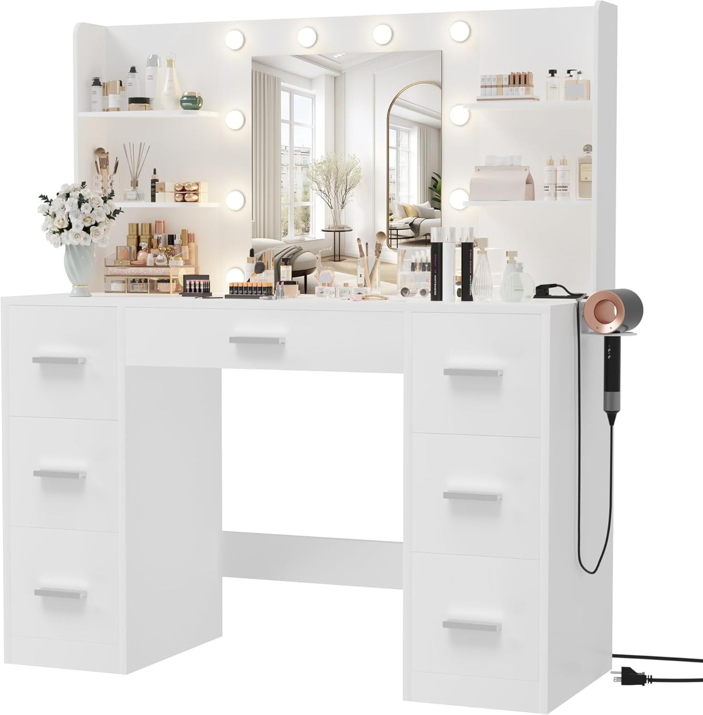 Vanity Desk with Mirror, LED Lights, Power Outlet – 7 Drawers, 6 Shelves Makeup Vanity Table for Bedroom – MH24598 - with | Sold by Uncle Wiener's Wholesale