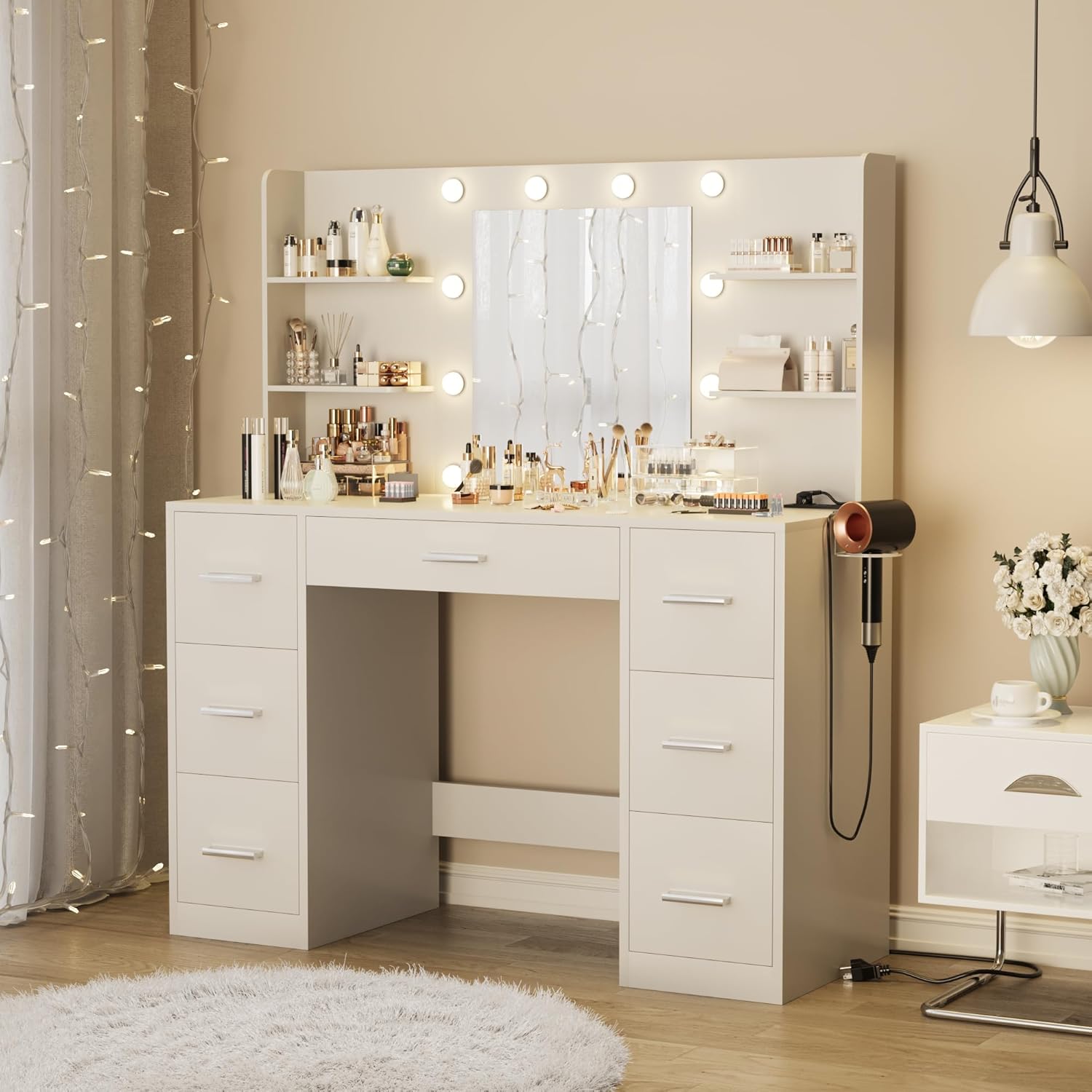 Vanity Desk with Mirror, LED Lights, Power Outlet – 7 Drawers, 6 Shelves Makeup Vanity Table for Bedroom – MH24598 - with | Sold by Uncle Wiener's Wholesale