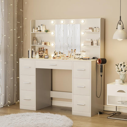 Vanity Desk with Mirror, LED Lights, Power Outlet – 7 Drawers, 6 Shelves Makeup Vanity Table for Bedroom – MH24598 - with | Sold by Uncle Wiener's Wholesale