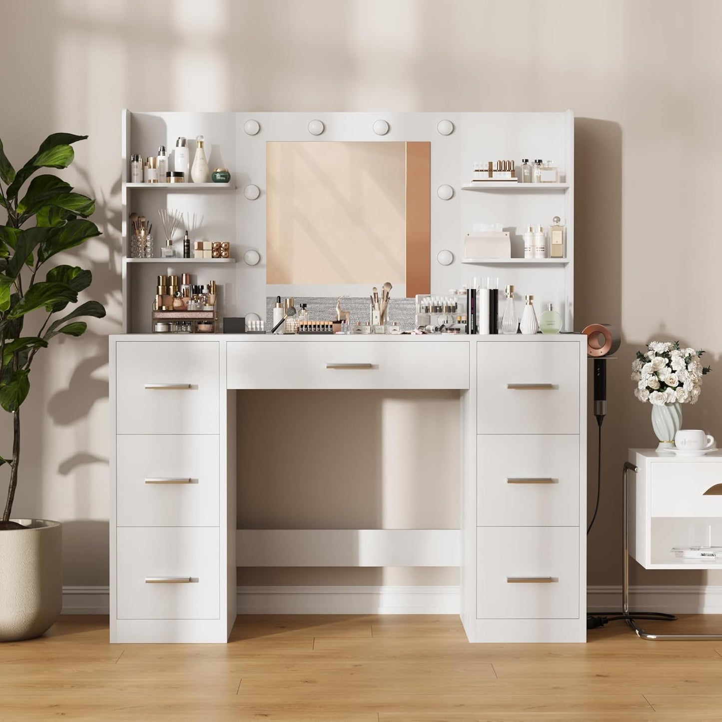 Vanity Desk with Mirror, LED Lights, Power Outlet – 7 Drawers, 6 Shelves Makeup Vanity Table for Bedroom – MH24598 - with | Sold by Uncle Wiener's Wholesale
