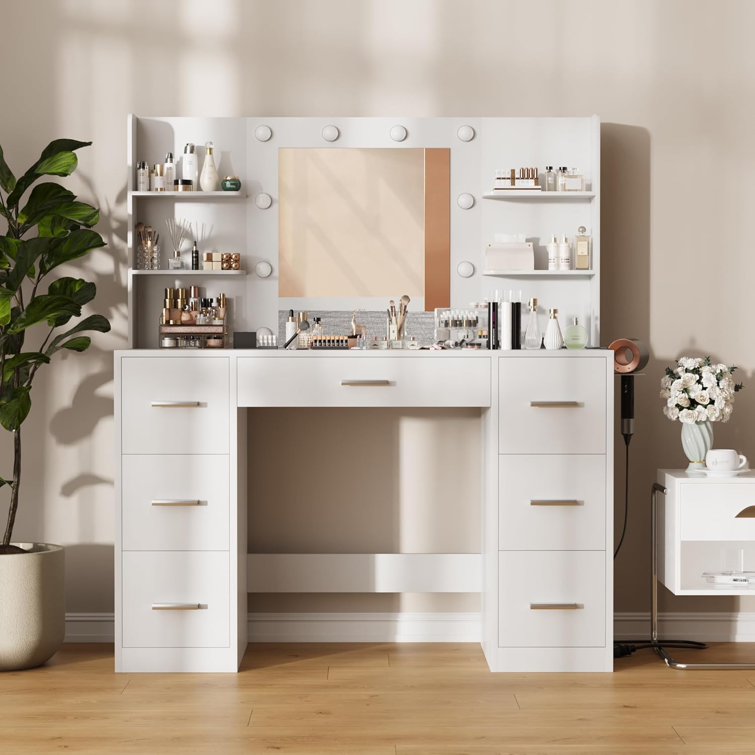 Vanity Desk with Mirror, LED Lights, Power Outlet – 7 Drawers, 6 Shelves Makeup Vanity Table for Bedroom – MH24598 - with | Sold by Uncle Wiener's Wholesale