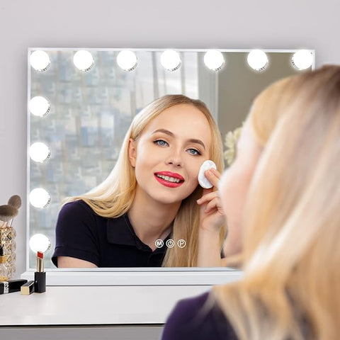 Vanity Mirror with Lights 15LED Bulbs 3 Lighting Modes Lighted Makeup Mirror for Desk or Wall - Mount Hollywood Vanity Mirror with USB Charger Port. 22.8" x 18.1" (58*46cm). Built - in Bluetooth speaker - with | Sold by Uncle Wiener's Wholesale