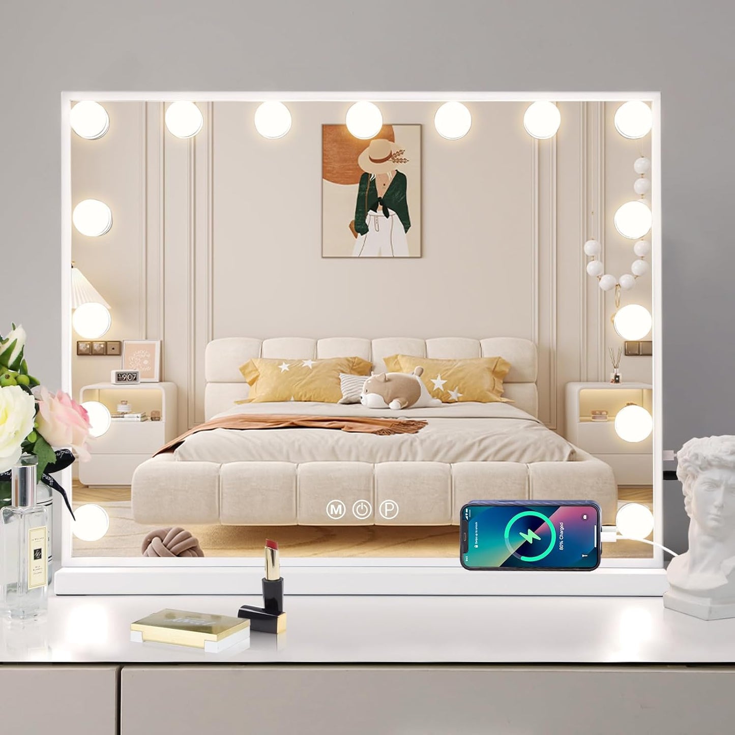 Vanity Mirror with Lights 15LED Bulbs 3 Lighting Modes Lighted Makeup Mirror for Desk or Wall - Mount Hollywood Vanity Mirror with USB Charger Port. 22.8" x 18.1" (58*46cm). Built - in Bluetooth speaker - with | Sold by Uncle Wiener's Wholesale