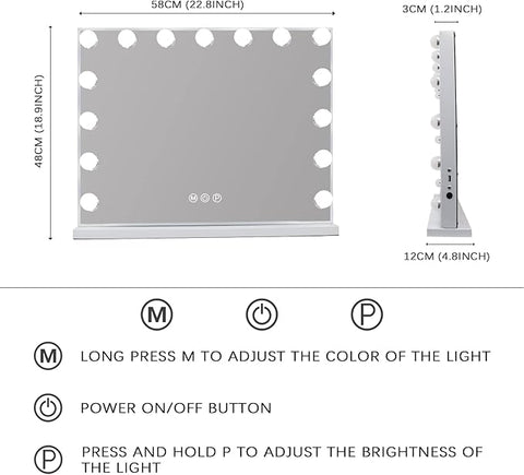 Vanity Mirror with Lights 15LED Bulbs 3 Lighting Modes Lighted Makeup Mirror for Desk or Wall - Mount Hollywood Vanity Mirror with USB Charger Port. 22.8" x 18.1" (58*46cm). Built - in Bluetooth speaker - with | Sold by Uncle Wiener's Wholesale