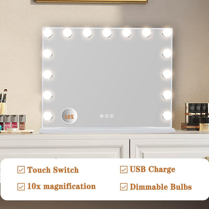 Vanity Mirror with Lights 15LED Bulbs 3 Lighting Modes Lighted Makeup Mirror for Desk or Wall - Mount Hollywood Vanity Mirror with USB Charger Port. 22.8" x 18.1" (58*46cm). Built - in Bluetooth speaker - with | Sold by Uncle Wiener's Wholesale