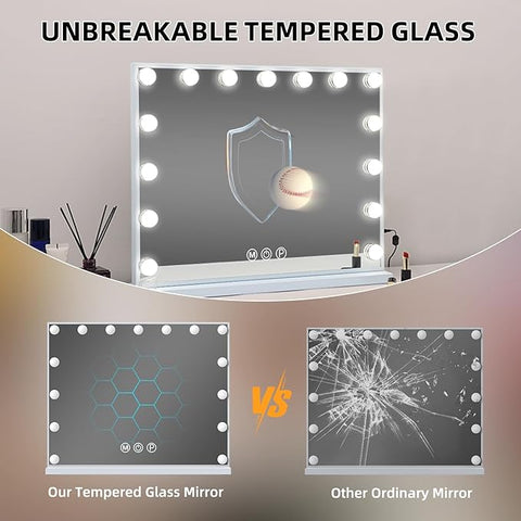 Vanity Mirror with Lights 15LED Bulbs 3 Lighting Modes Lighted Makeup Mirror for Desk or Wall - Mount Hollywood Vanity Mirror with USB Charger Port. 22.8" x 18.1" (58*46cm). Built - in Bluetooth speaker - with | Sold by Uncle Wiener's Wholesale