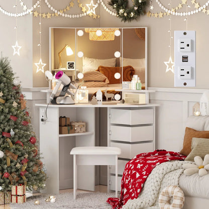 Vanity Table with 3 - Way Mirror, Built - In Outlets, 10 LED Lights & 5 Rotating Drawers – Makeup Desk with Stool – MH24630 - with | Sold by Uncle Wiener's Wholesale