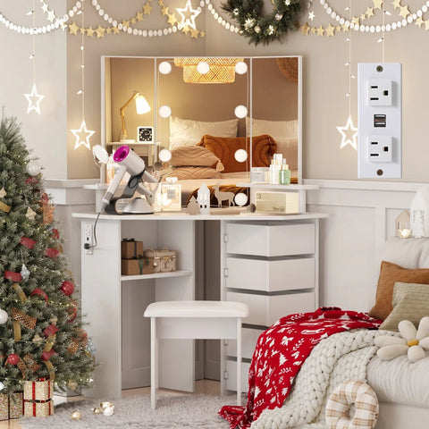 Vanity Table with 3 - Way Mirror, Built - In Outlets, 10 LED Lights & 5 Rotating Drawers – Makeup Desk with Stool – MH24630 - with | Sold by Uncle Wiener's Wholesale