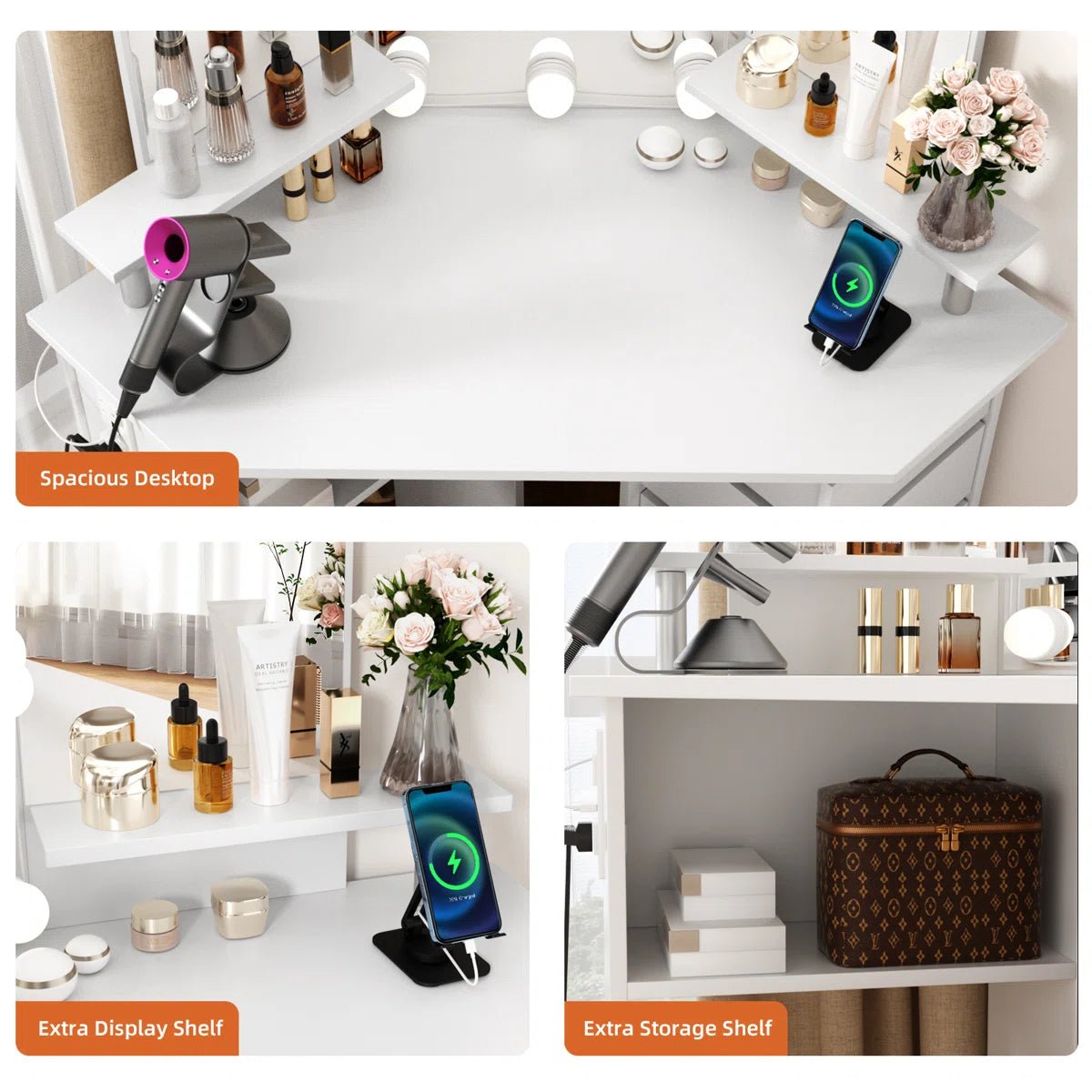 Vanity Table with 3 - Way Mirror, Built - In Outlets, 10 LED Lights & 5 Rotating Drawers – Makeup Desk with Stool – MH24630 - with | Sold by Uncle Wiener's Wholesale