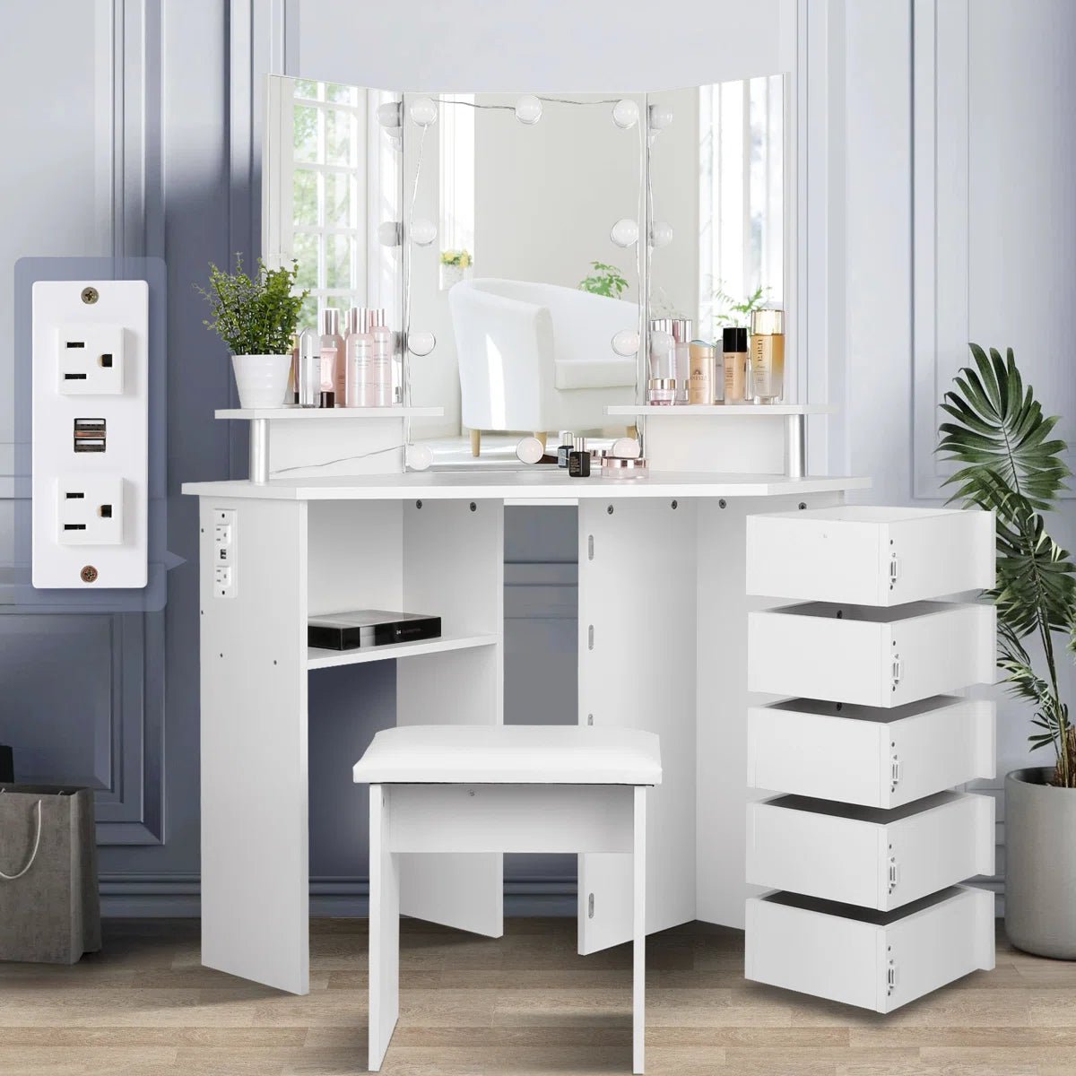 Vanity Table with 3 - Way Mirror, Built - In Outlets, 10 LED Lights & 5 Rotating Drawers – Makeup Desk with Stool – MH24630 - with | Sold by Uncle Wiener's Wholesale