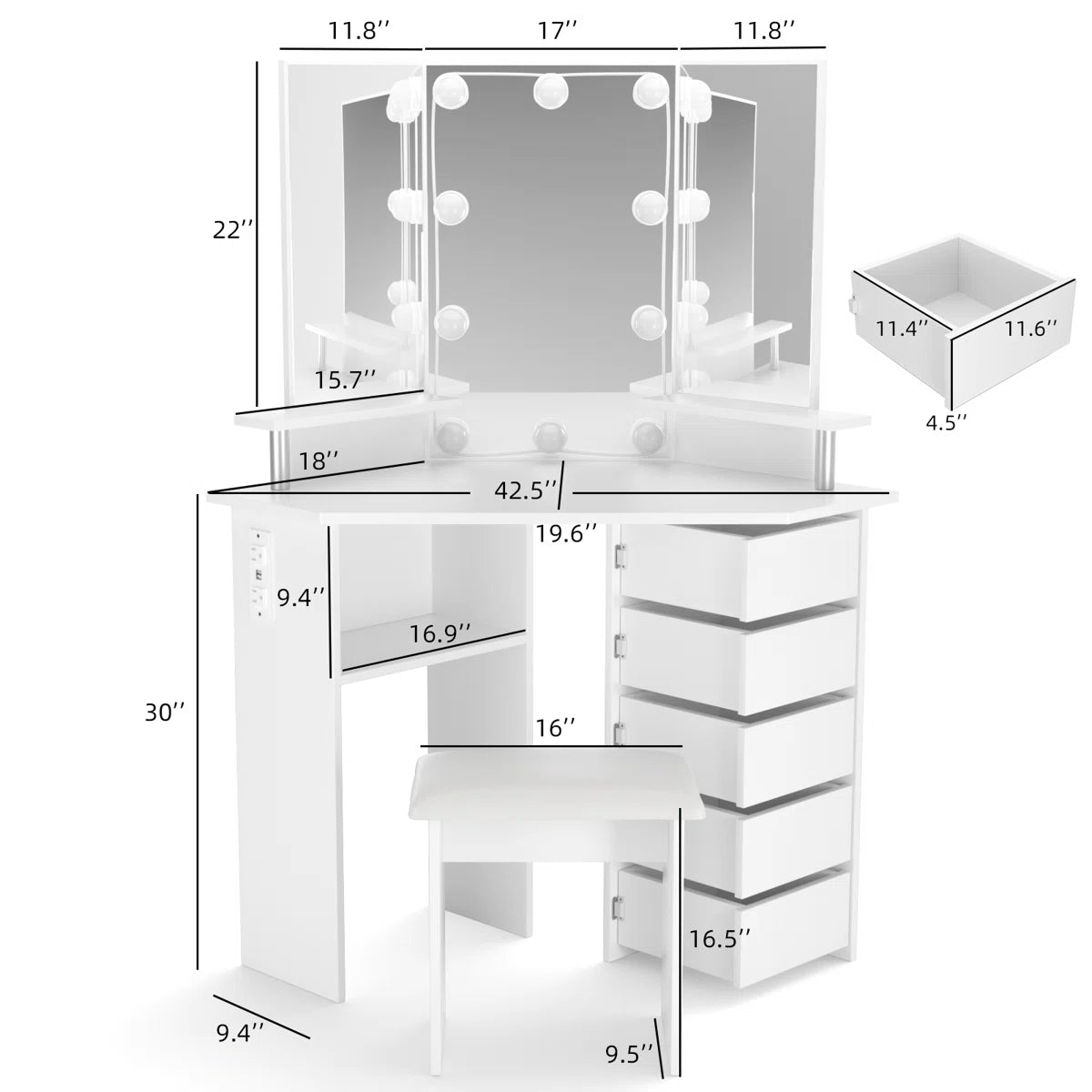 Vanity Table with 3 - Way Mirror, Built - In Outlets, 10 LED Lights & 5 Rotating Drawers – Makeup Desk with Stool – MH24630 - with | Sold by Uncle Wiener's Wholesale