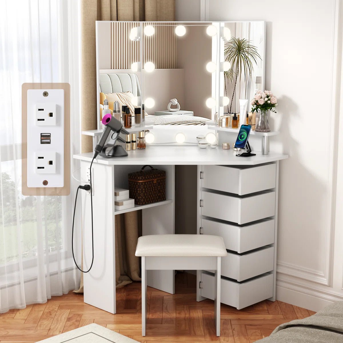 Vanity Table with 3 - Way Mirror, Built - In Outlets, 10 LED Lights & 5 Rotating Drawers – Makeup Desk with Stool – MH24630 - with | Sold by Uncle Wiener's Wholesale