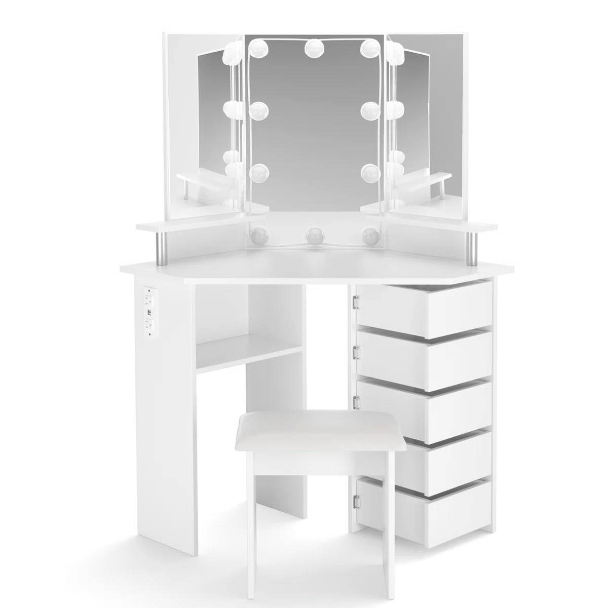 Vanity Table with 3 - Way Mirror, Built - In Outlets, 10 LED Lights & 5 Rotating Drawers – Makeup Desk with Stool – MH24630 - with | Sold by Uncle Wiener's Wholesale