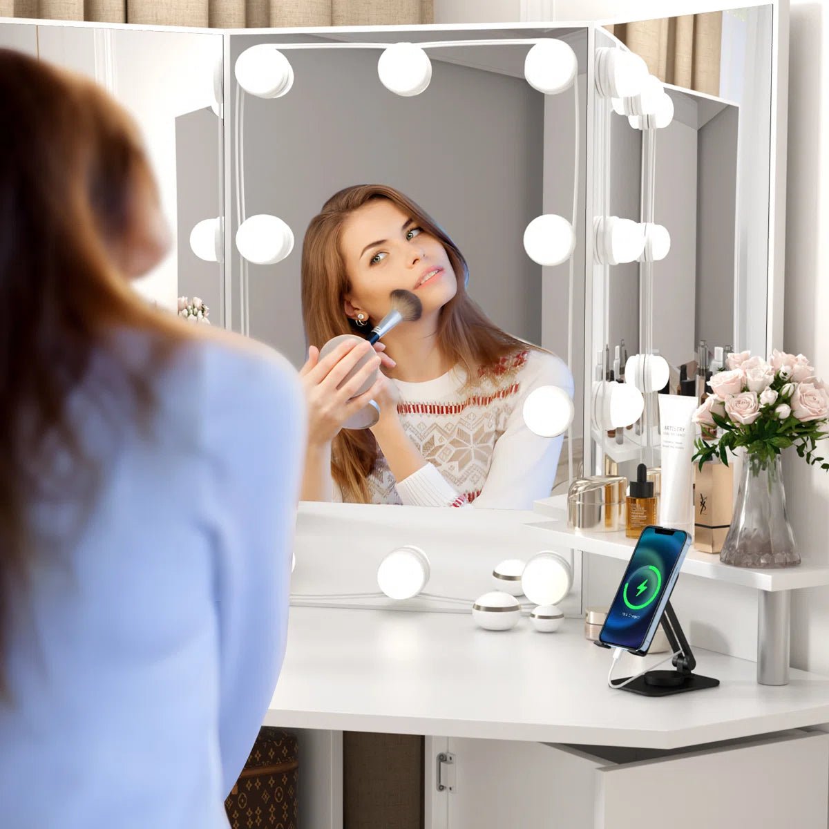 Vanity Table with 3 - Way Mirror, Built - In Outlets, 10 LED Lights & 5 Rotating Drawers – Makeup Desk with Stool – MH24630 - with | Sold by Uncle Wiener's Wholesale