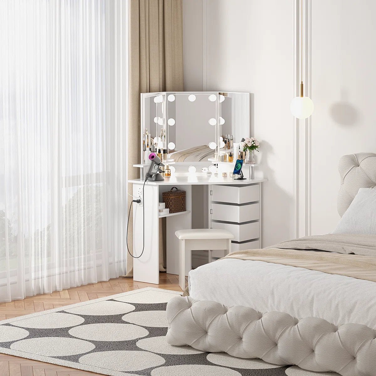 Vanity Table with 3 - Way Mirror, Built - In Outlets, 10 LED Lights & 5 Rotating Drawers – Makeup Desk with Stool – MH24630 - with | Sold by Uncle Wiener's Wholesale