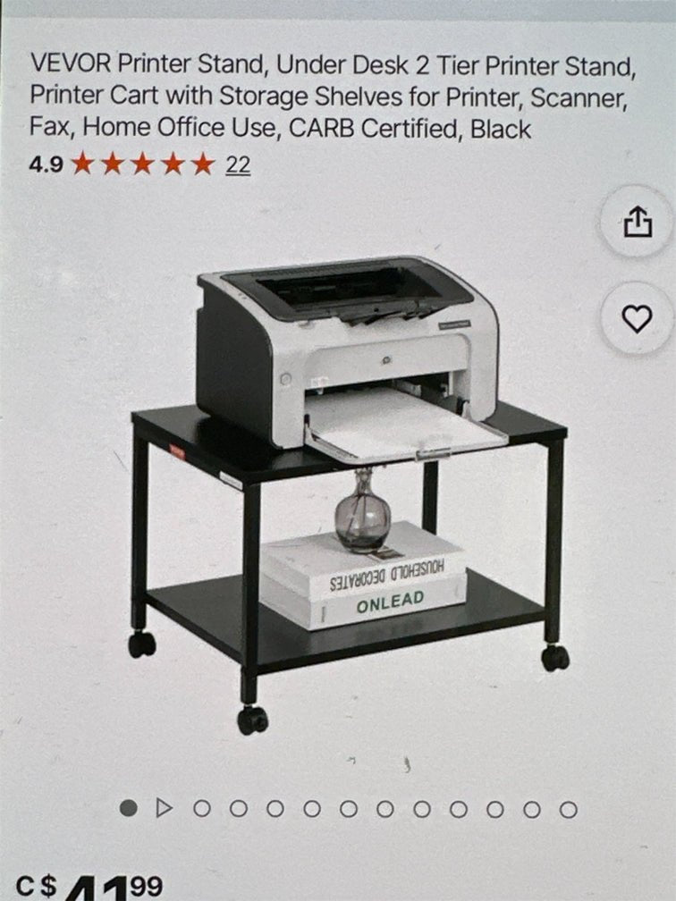 VASAGLE 2-tier printer stand with locking wheels front view
Industrial printer cart with wood and metal frame
Under-desk printer table with bottom storage shelf
Rolling printer stand with dual lock wheels
Compact office printer stand in workspace setup