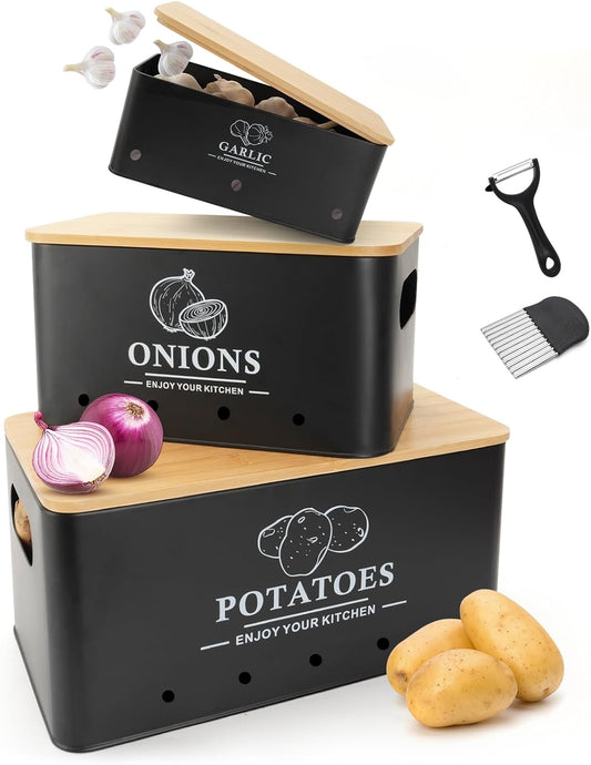 Vegetable Storage Set 3PCS Metal Onion Potato Garlic Canisters with Lid S1356 - with | Sold by Uncle Wiener's Wholesale