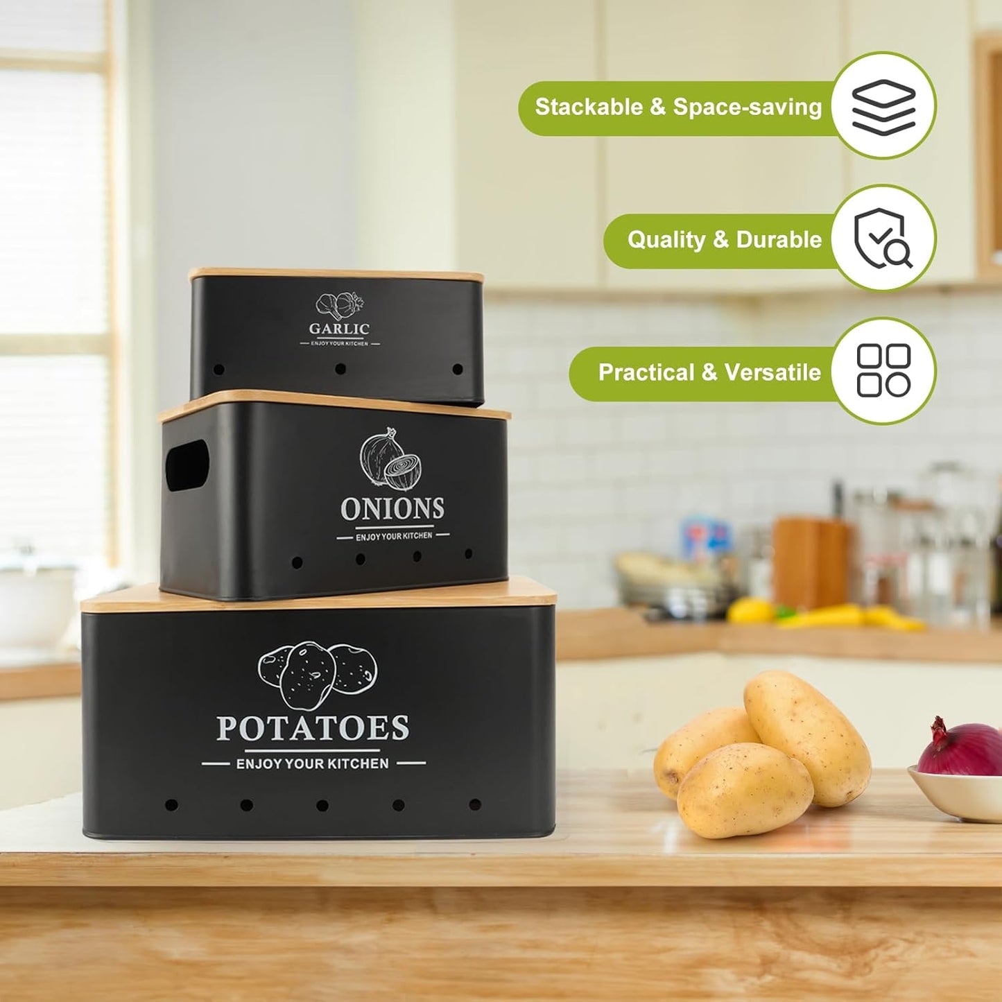 Vegetable Storage Set 3PCS Metal Onion Potato Garlic Canisters with Lid S1356 - with | Sold by Uncle Wiener's Wholesale