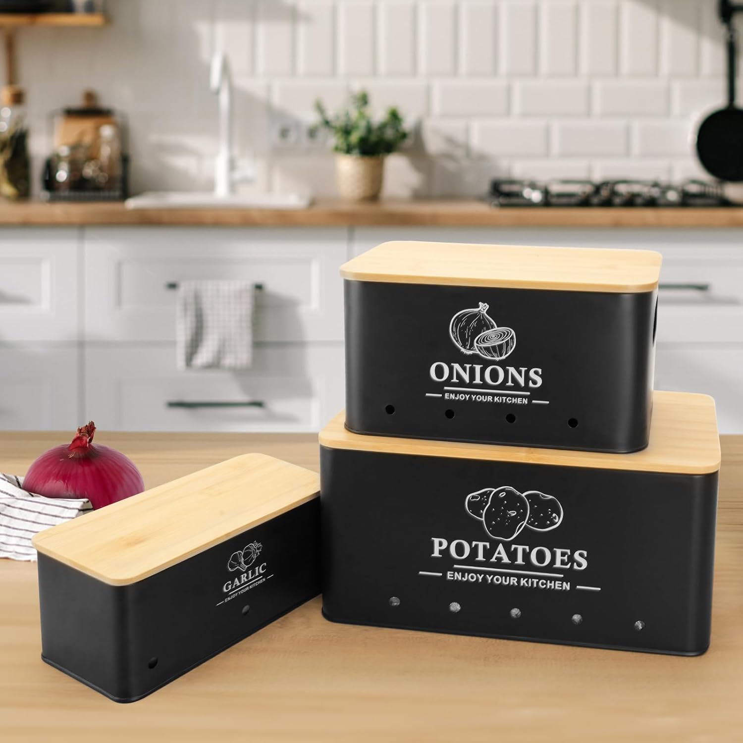Vegetable Storage Set 3PCS Metal Onion Potato Garlic Canisters with Lid S1356 - with | Sold by Uncle Wiener's Wholesale
