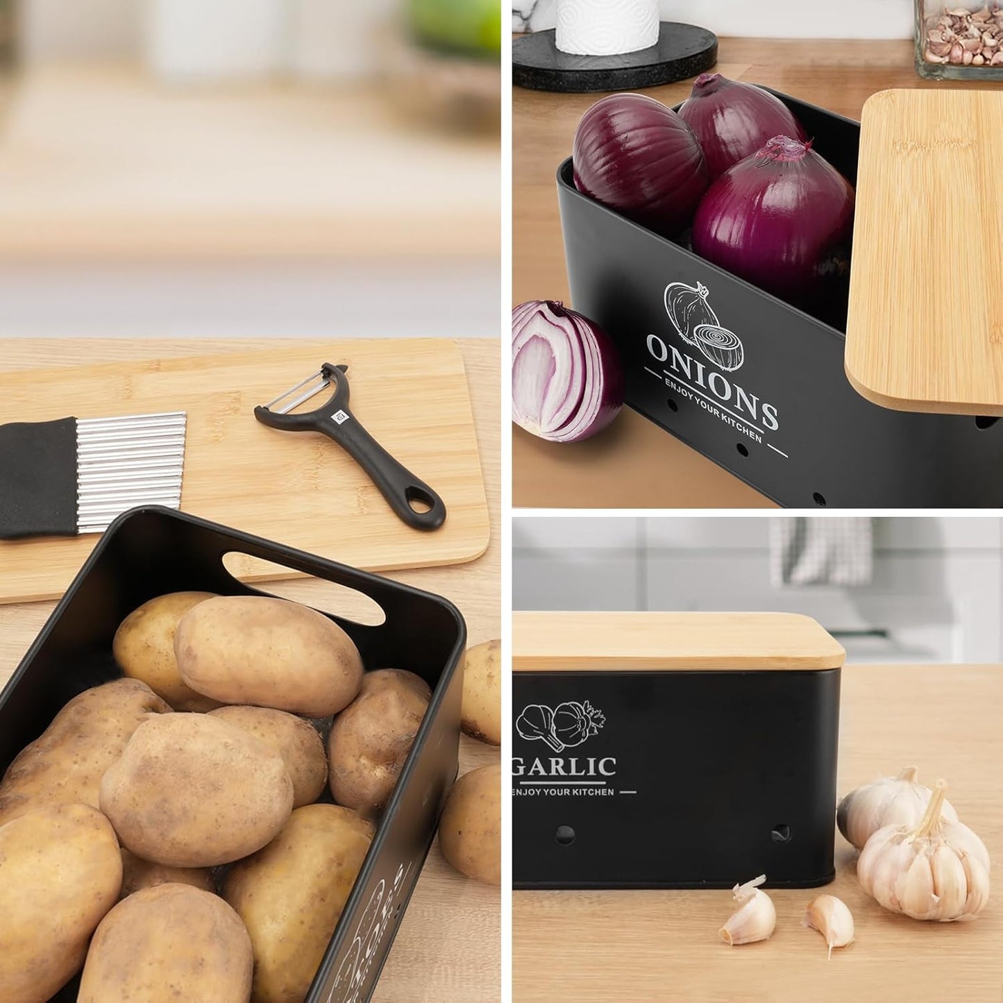 Vegetable Storage Set 3PCS Metal Onion Potato Garlic Canisters with Lid S1356 - with | Sold by Uncle Wiener's Wholesale