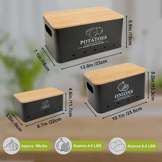 Vegetable Storage Set 3PCS Metal Onion Potato Garlic Canisters with Lid S1356 - with | Sold by Uncle Wiener's Wholesale
