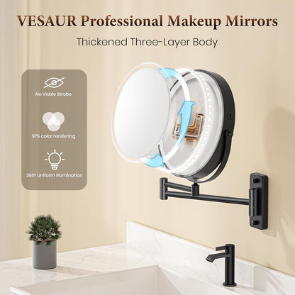 VESAUR 20X Magnifying Makeup Mirror with LED Lights – 9-Inch Wall Mounted Vanity Mirror, 1X/20X Double-Sided, 3-Color Dimmable Lighting, 5000mAh Rechargeable Battery, 360° Swivel - Home decor with | Sold by Uncle Wiener's Wholesale