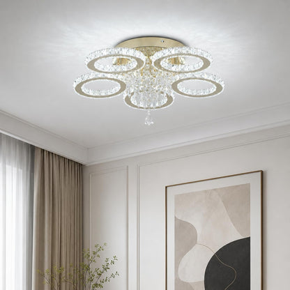 VETRULUS 5-Ring Crystal LED Chandelier – Gold Flush Mount Ceiling Light with 6000K Cool White LED for Bedroom, Living Room & Dining Room - Furniture with | Sold by Uncle Wiener's Wholesale