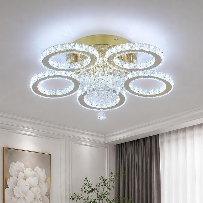 VETRULUS 5-Ring Crystal LED Chandelier – Gold Flush Mount Ceiling Light with 6000K Cool White LED for Bedroom, Living Room & Dining Room - Furniture with | Sold by Uncle Wiener's Wholesale