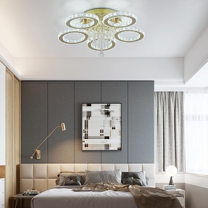 VETRULUS 5-Ring Crystal LED Chandelier – Gold Flush Mount Ceiling Light with 6000K Cool White LED for Bedroom, Living Room & Dining Room - Furniture with | Sold by Uncle Wiener's Wholesale