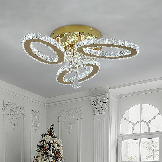 VETRULUS Ring Crystal LED Chandelier – Gold Flush Mount Ceiling Light with 6000K Cool White LED for Bedroom, Living Room & Dining Room - Furniture with 5-Ring | Sold by Uncle Wiener's Wholesale