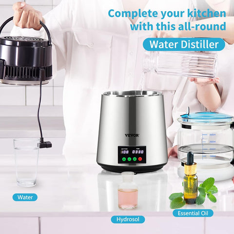 VEVOR 1.1Gal Water Distiller with Glass Carafe – Main Product Image
VEVOR Stainless Steel Distilled Water Machine – Side View
Water Distiller with Timer and Temperature Display

750W Countertop Water Maker with Carbon Pack Accessories
Glass Carafe and Water Distiller – Home and Office Use
VEVOR Distiller Full Package – 1.1Gal Capacity